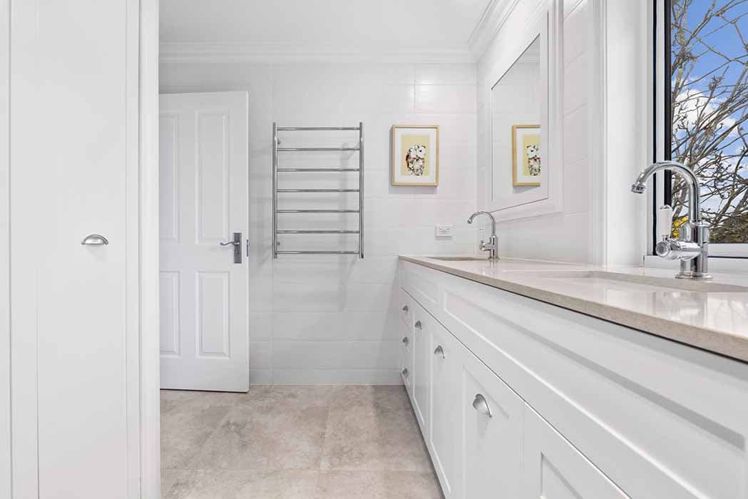 Modern bathroom renovation in Canberra, Australia with sleek finishes and spacious layout.